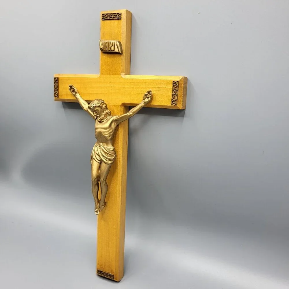 Vtg MCM Wooden Wall Cross Jesus Christ Figure Catholic Religious 12